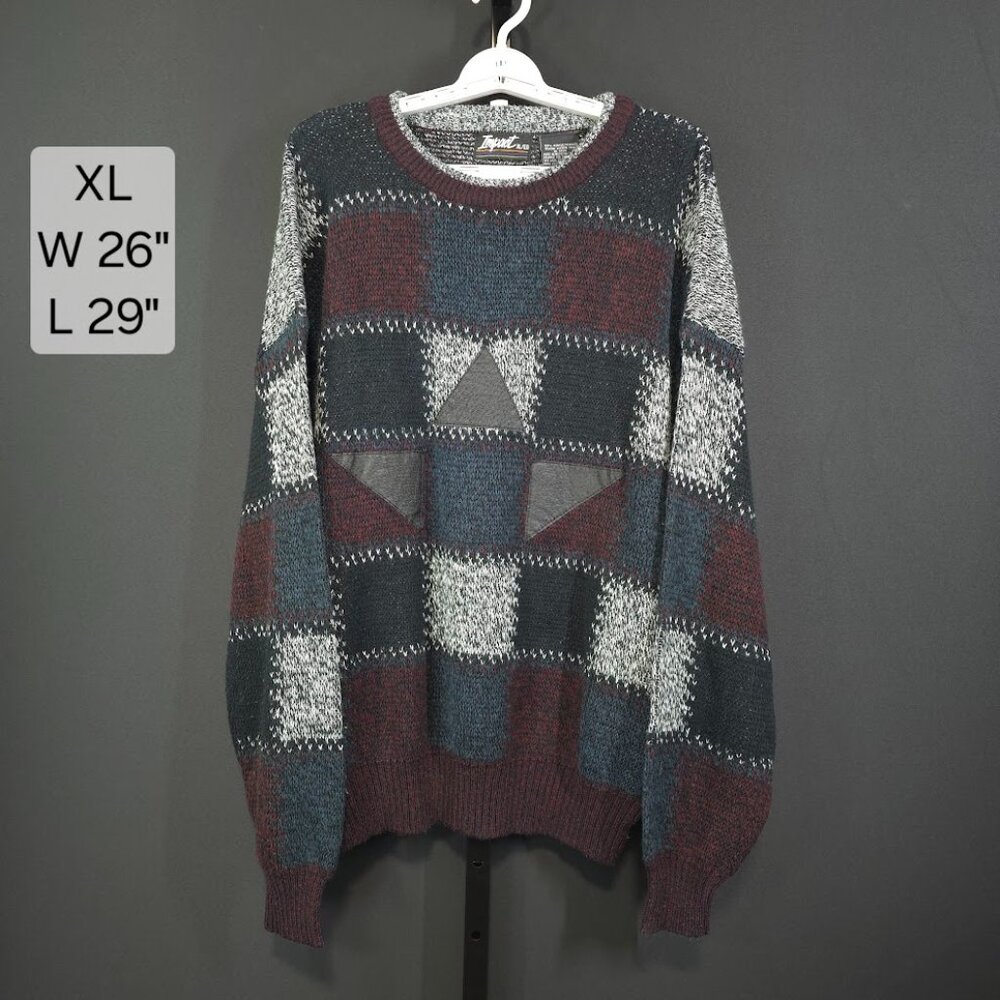 Vintage Impact Sweater Mens XL 80s 90s Cosby Geometric Leather Trim Colorblock
